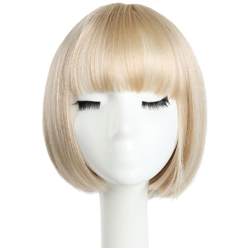 اتش اس بي جيه اتش تي ام شعر مستعار قصير أشقر بوب من HSPJHTM، بطول 10 بوصات، مستقيم مع غرة مسطحة، شعر مستعار صناعي ملون مناسب للتنكر والحفلات اليومية للنساء، يبدو طبيعياً كالشعر الحقيقي (غطاء شعر مستعار مجاني) - Image 3